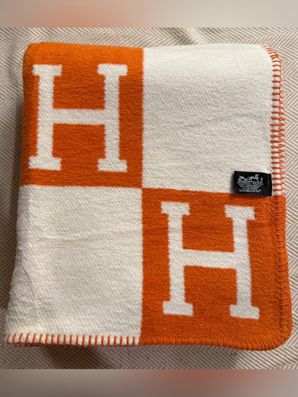 Hermes Avalon throw blanket Classic Orange/White Wool And Cashmere
